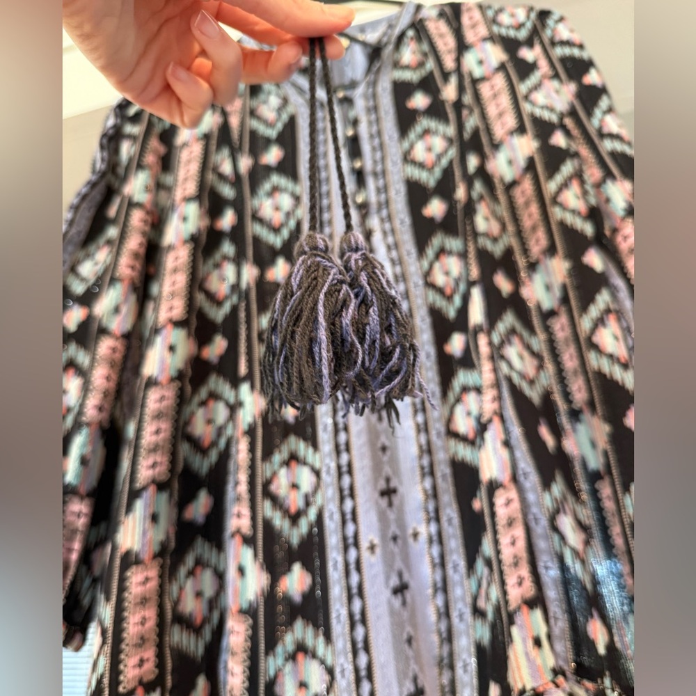 Anthropologie Holding Horses XS Boho Peasant Dress Metallic Thread Tassel Tie - Picture 5 of 7